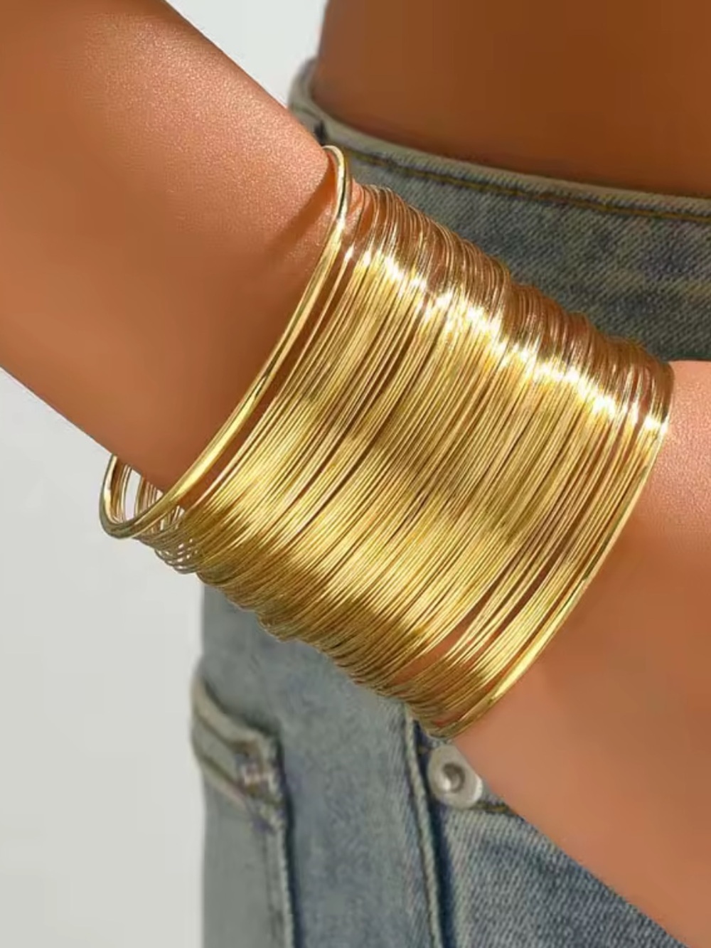 Stainless Steel Shimmering Gold Multi-Bangle Stack Bracelet